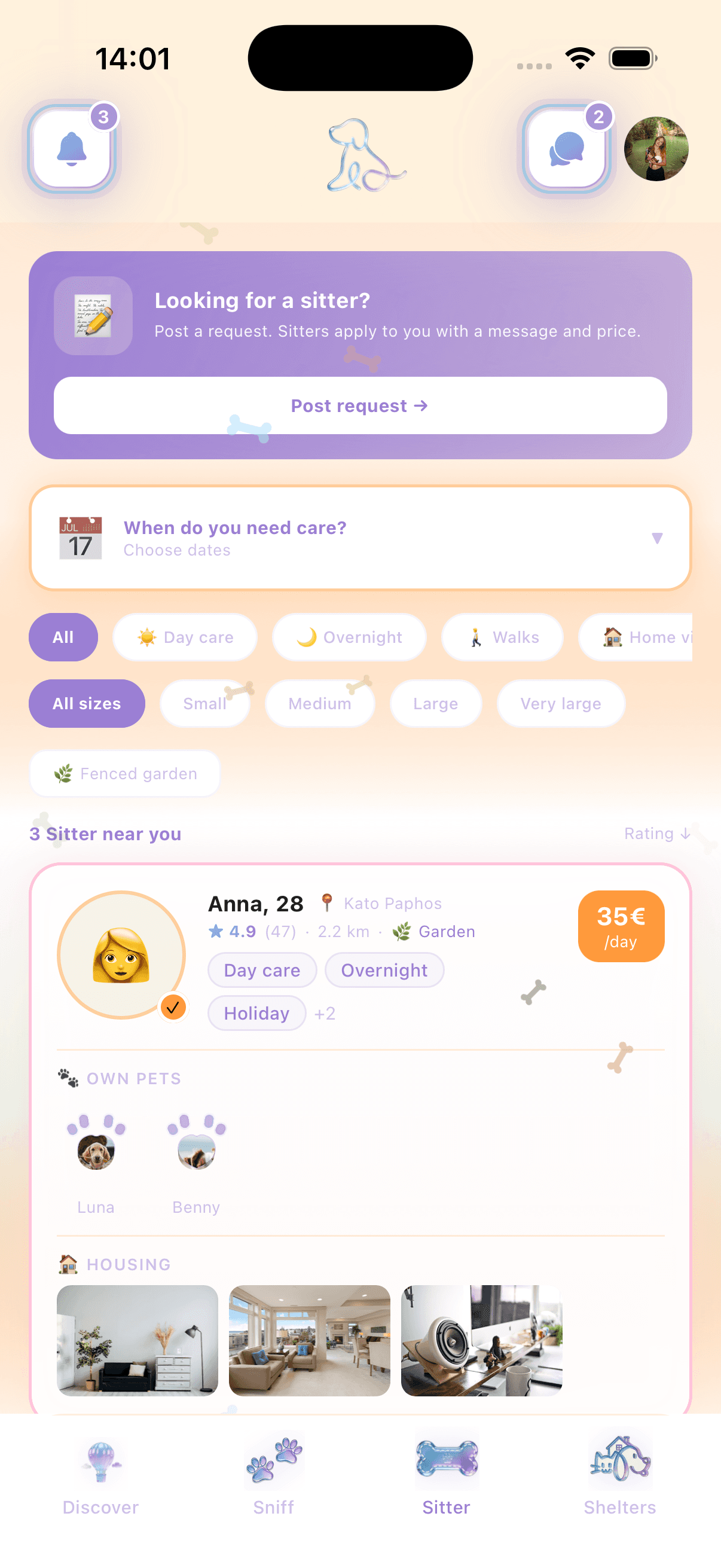 Souldog-App: Sitter-Übersicht mit Anfrage-Karte und Sittern in der Nähe